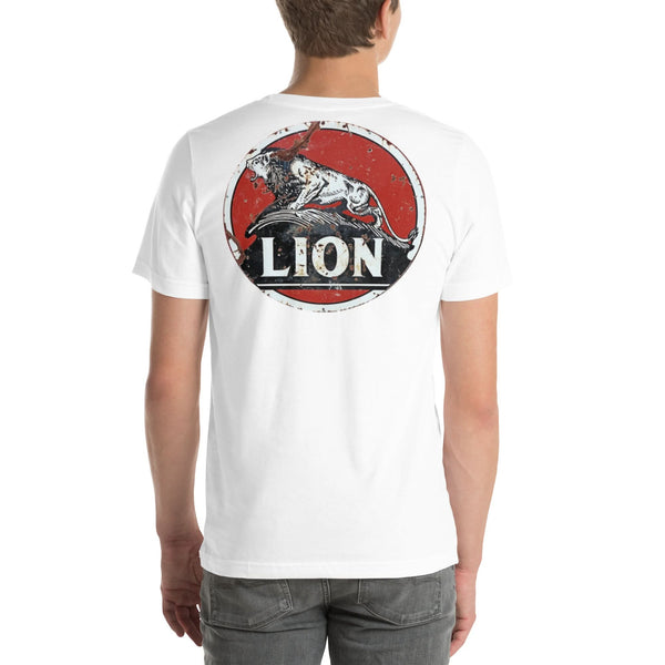 Back view of white Lion Gas Vintage Gas and Oil unisex T-shirt