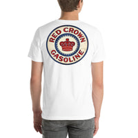 Back view of white Red Crown Gasoline Vintage Gas and Oil unisex T-shirt