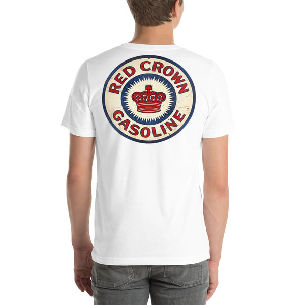 Back view of white Red Crown Gasoline Vintage Gas and Oil unisex T-shirt