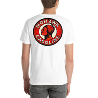 Back view of white Mohawk Gasoline Vintage Gas and Oil unisex T-shirt