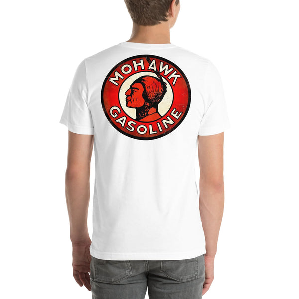 Back view of white Mohawk Gasoline Vintage Gas and Oil unisex T-shirt