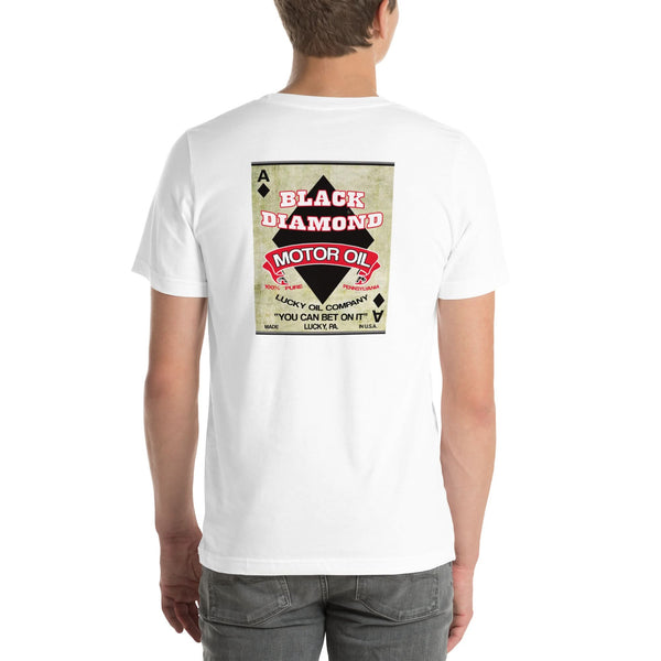 Back view of white Black Diamond Motor Oil Vintage Gas and Oil unisex T-shirt