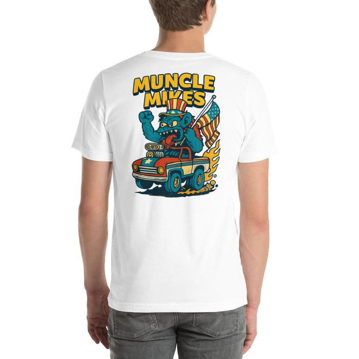 Back view of white Monster Rods 026 unisex T-shirt