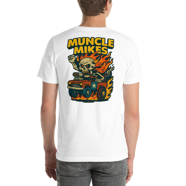 Back view of white Monster Rods 028 unisex T-shirt