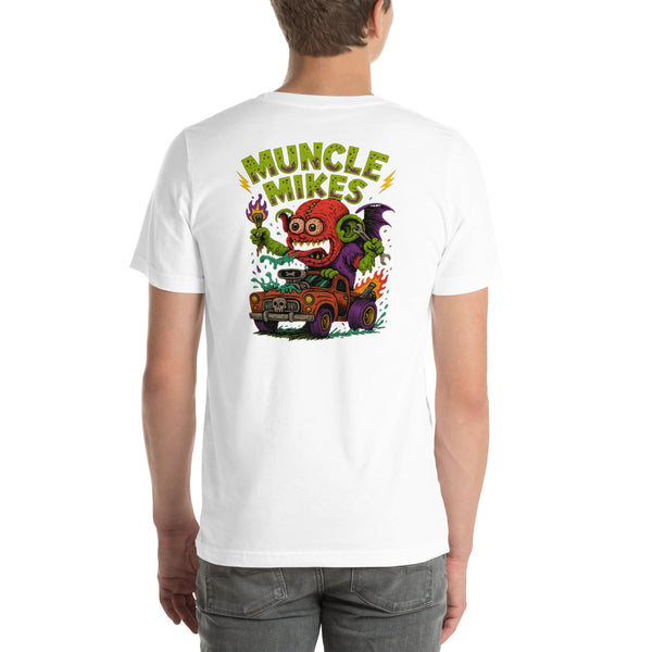 Back view of white Monster Rods 031 unisex T-shirt