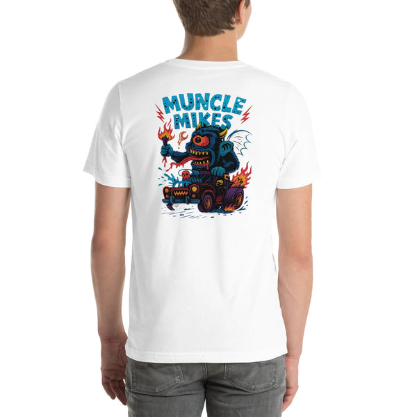 Back view of white Monster Rods 032 unisex T-shirt