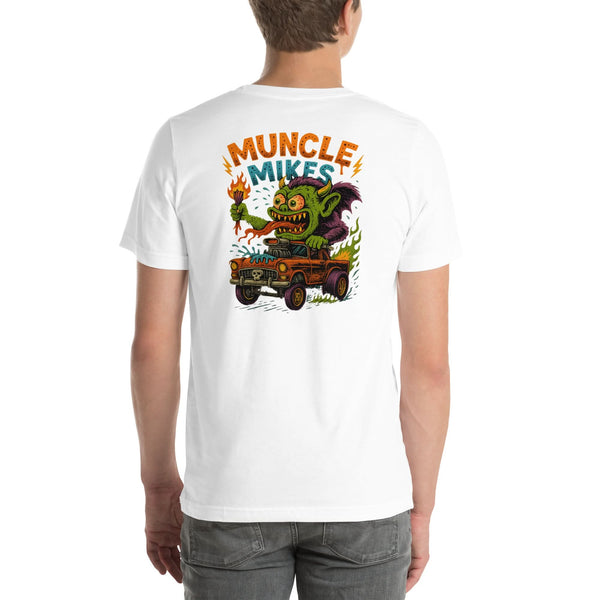 Back view of white Monster Rods 033 unisex T-shirt