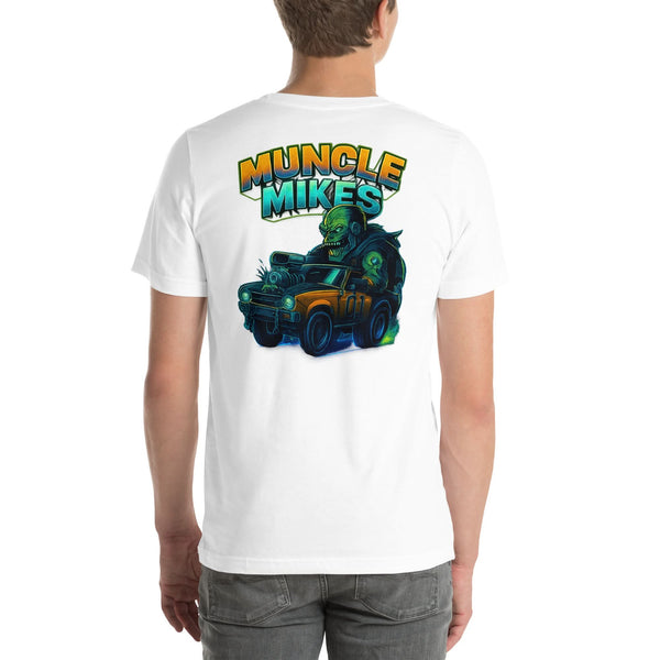 Back view of white Monster Rods 038 unisex T-shirt