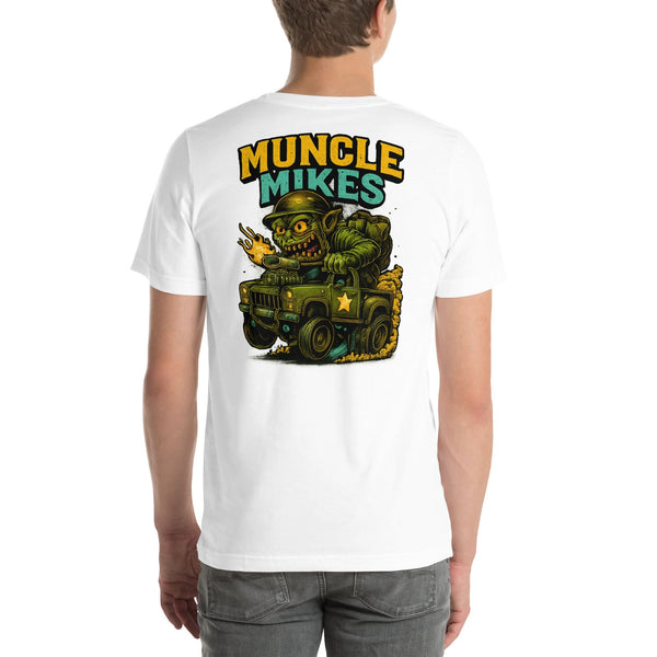 Back view of white Monster Rods 040 unisex T-shirt