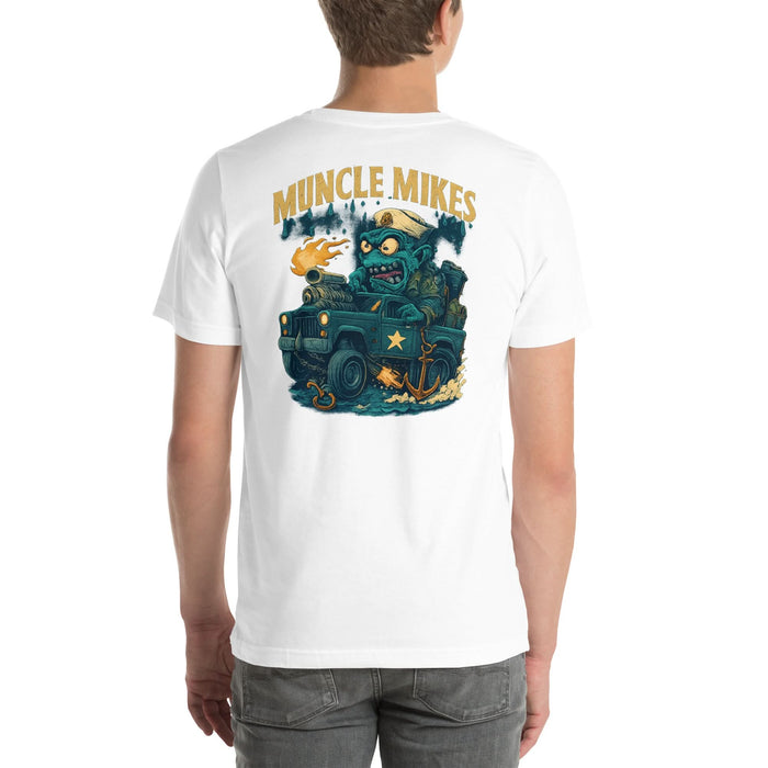 Back view of white Monster Rods 041 unisex T-shirt