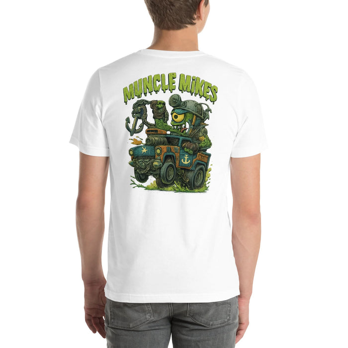 Back view of white Monster Rods 042 unisex T-shirt