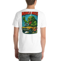Back view of white Monster Rods 003 unisex T-shirt