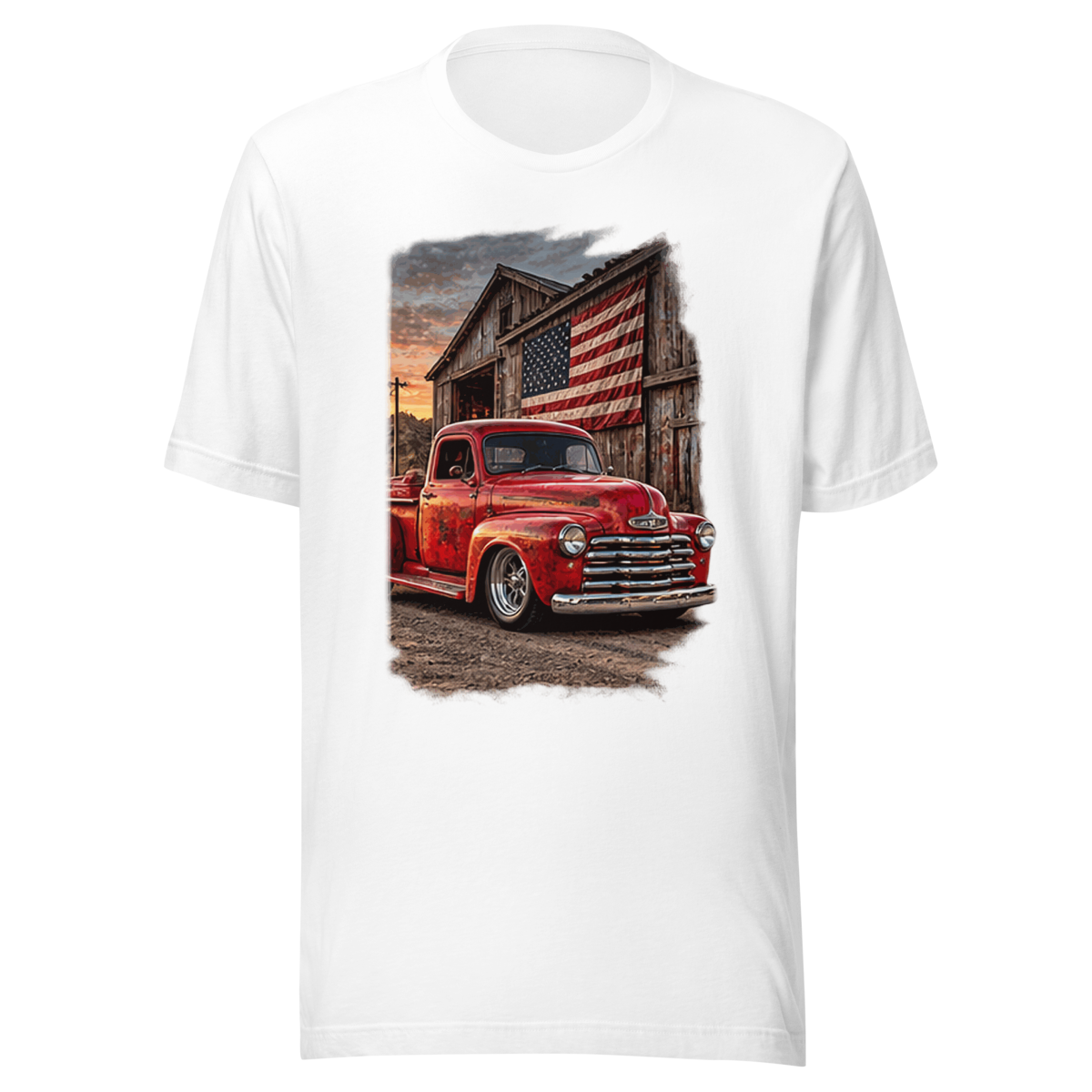 Barn Flag Red Hot Rod Pickup Unisex T-Shirt product mockup 5