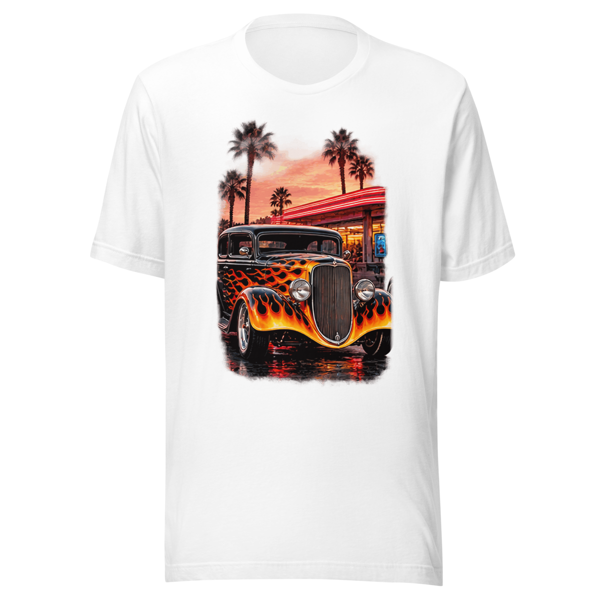 Neon Diner Flame Coupe Unisex T-Shirt product mockup 5