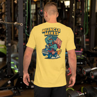 Back view of yellow Monster Rods 018 unisex T-shirt