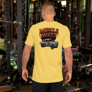 Back view of yellow Bombs Away Gasser unisex T-shirt