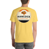 Back view of yellow Hancock Gasoline Vintage Gas and Oil unisex T-shirt