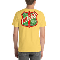 Back view of yellow Arista Motor Oil Vintage Gas and Oil unisex T-shirt