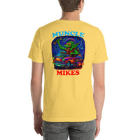 Back view of yellow Monster Rods 019 unisex T-shirt