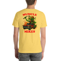 Back view of yellow Monster Rods 021 unisex T-shirt