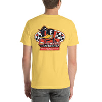 Back view of yellow Speed Shop 001 unisex T-shirt