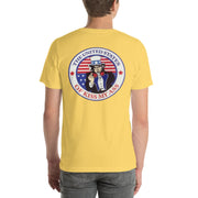 Back view of yellow America the Great Red, White and Blue 001 unisex T-shirt