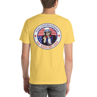 Back view of yellow America the Great Red, White and Blue 001 unisex T-shirt