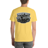 Back view of yellow Speed Shop 002 unisex T-shirt