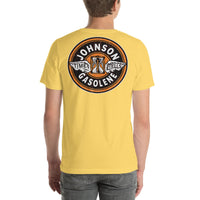 Back view of yellow Johnson Gas Vintage Gas and Oil unisex T-shirt