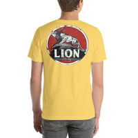 Back view of yellow Lion Gas Vintage Gas and Oil unisex T-shirt
