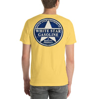 Back view of yellow White Star Gasoline Vintage Gas and Oil unisex T-shirt