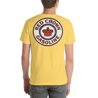 Back view of yellow Red Crown Gasoline Vintage Gas and Oil unisex T-shirt