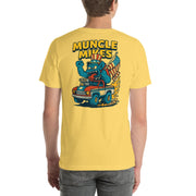 Back view of yellow Monster Rods 026 unisex T-shirt