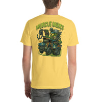 Back view of yellow Monster Rods 042 unisex T-shirt