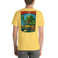 Back view of yellow Monster Rods 003 unisex T-shirt