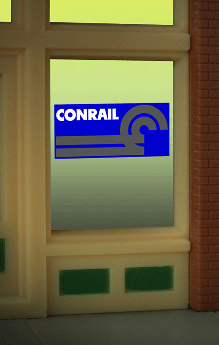 Miller Engineering 9105 illuminated Conrail window sign shown in a building window