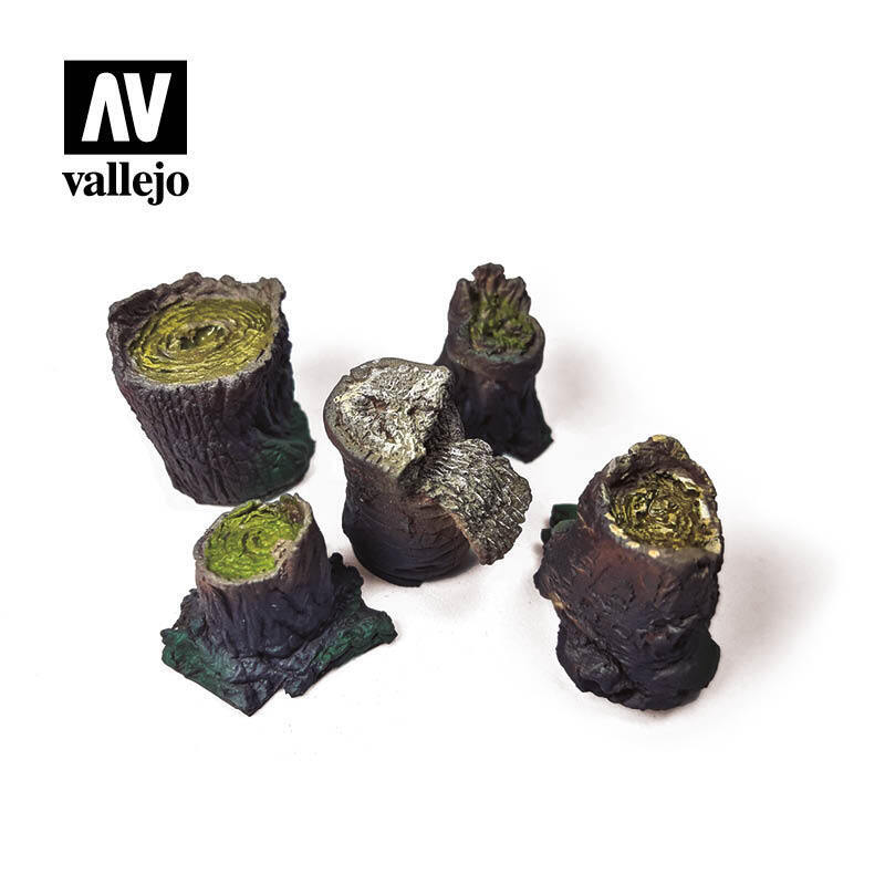 Painted examples of five Vallejo SC306 small tree stumps