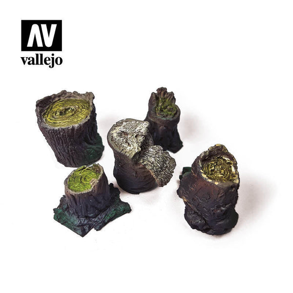 Painted examples of five Vallejo SC306 small tree stumps