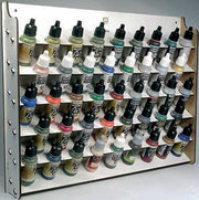 Vallejo 26010 Wall-Mounted Paint Rack for 17/18 ml Bottles; paints and brushes shown for illustration, not included