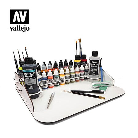 Vallejo 26011 Paint Display and Work Station – 40 × 30 cm; paints and brushes shown for illustration, not included