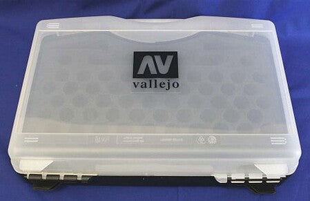 Actual empty Vallejo 70098 plastic paint storage case with closed translucent lid