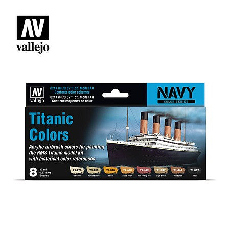 Vallejo 71.646 Titanic Colors Model Air paint set box, eight 17 ml bottles
