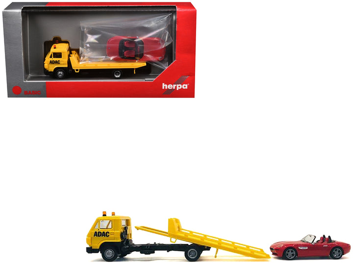 Flatbed Tow Truck "ADAC" Yellow and BMW Z4 Convertible Red Set of 2 pieces 1/87 (HO) Plastic Model Cars by Promotex image 2