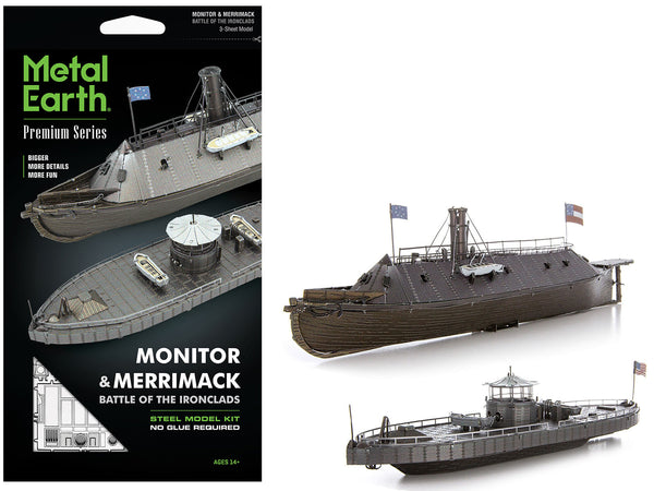 Model Kit USS Monitor and USS Merrimack Ironclad Warships "Battle of the Ironclads" (Challenging Difficulty) Steel Model by Metal Earth