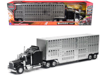 New Ray Kenworth W900 black chrome pot belly livestock trailer Long Haul Truckers 1:32 10783A, view 2