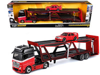 Red and black Mercedes-Benz Actros hauler with red 190E model, shown alongside the Maisto Transporters box, 1:64 scale.