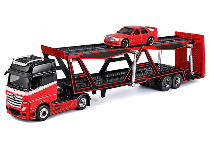 Mercedes-Benz Actros Open Car Hauler Red and Black with White Stripes and 1990 Mercedes-Benz 190E Red "Transporters" Series 1/64 Diecast Models by Maisto image 2