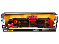 Mercedes-Benz Actros transporter and red Mercedes-Benz 190E in Maisto Transporters window-box packaging, 1:64 scale.