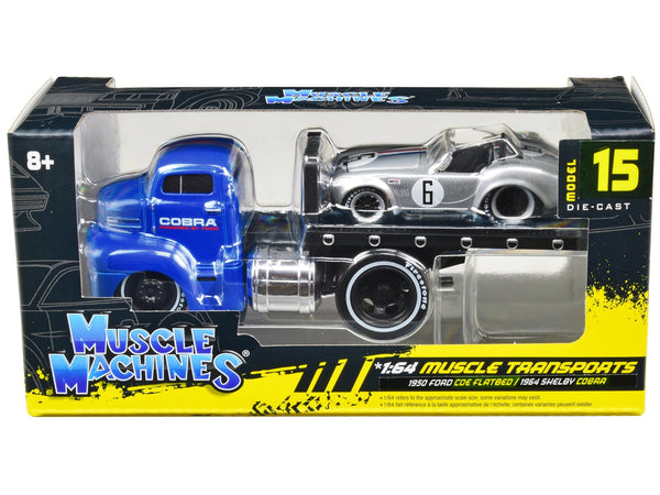 Muscle Machines 1950 Ford COE flatbed blue and 1964 Shelby Cobra number 6 silver 1:64 11548SIL, view 1