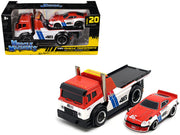 JDM Flatbed Truck #46 Red and White with Blue Stripes and 1972 Datsun 240Z #46 Red and White with Blue Stripes "BRE" "Muscle Transports" Series 1/64 Diecast Models by Muscle Machines image 2